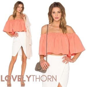 NBD // ltd ed revolve collab peach strapless off the shoulder ruffle crop